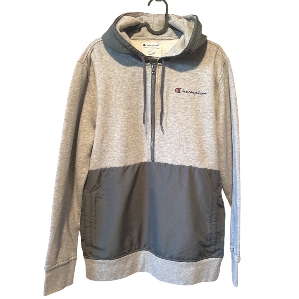 Champion Pullover Half Zip Hoodie Sweatshirt Mens Medium Gray Kangaroo Pocket